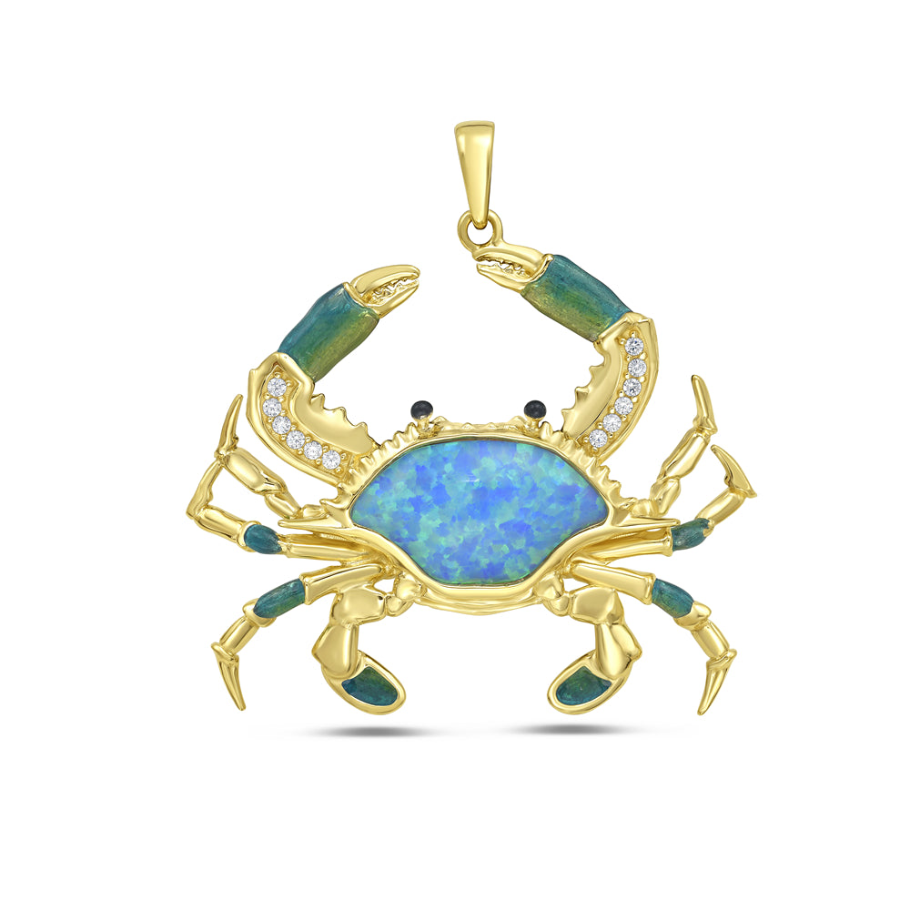 33mm x 37mm gold plated sterling silver crab pendant with blue/green stone body, green accented legs and green and cz accented claws