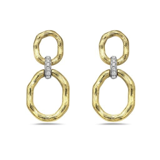14K DANGLE GOLD EARRINGS. 2 ROUND GOLD LINKS CONNECTED WITH 12 DIAMOND BARS 0.11CT