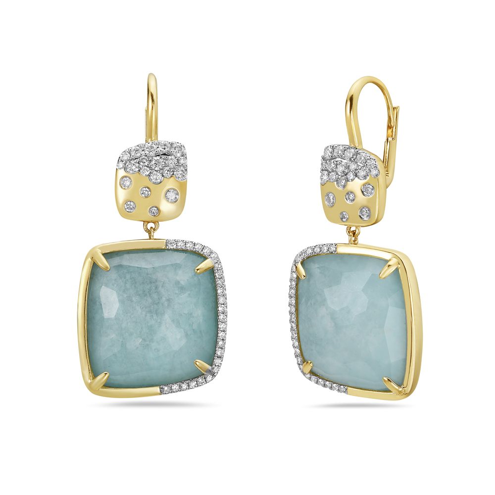 14KY 90 DIAMOND 0.56CT 2 AMAZONITE DOUBLET 2 CRYSTAL CUSHION SHAPE EARRINGS