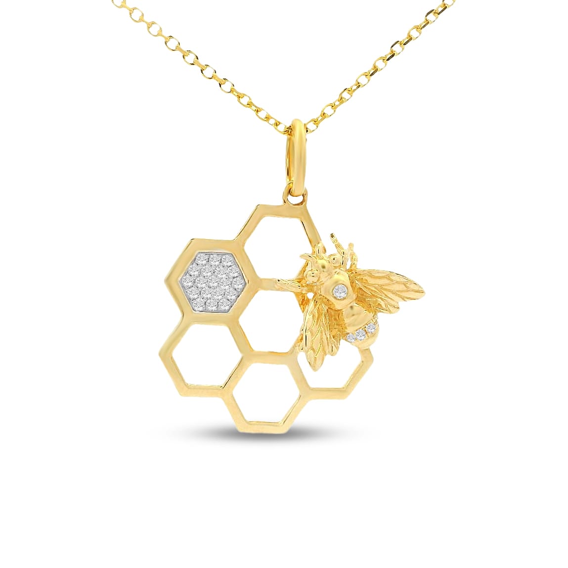14k 20x18 honeycomb & bee pendant 24 diamonds 0.085ct 18 inches chain