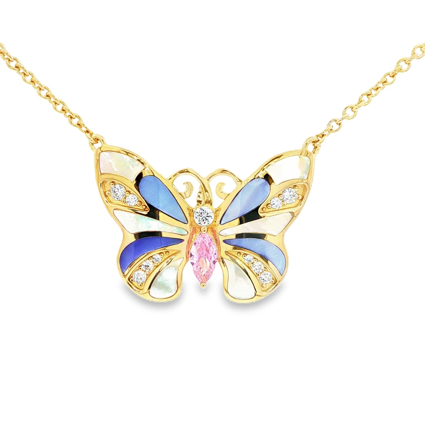 Gold plated sterling silver butterfly necklace with pink and white stones and white and purple inlay