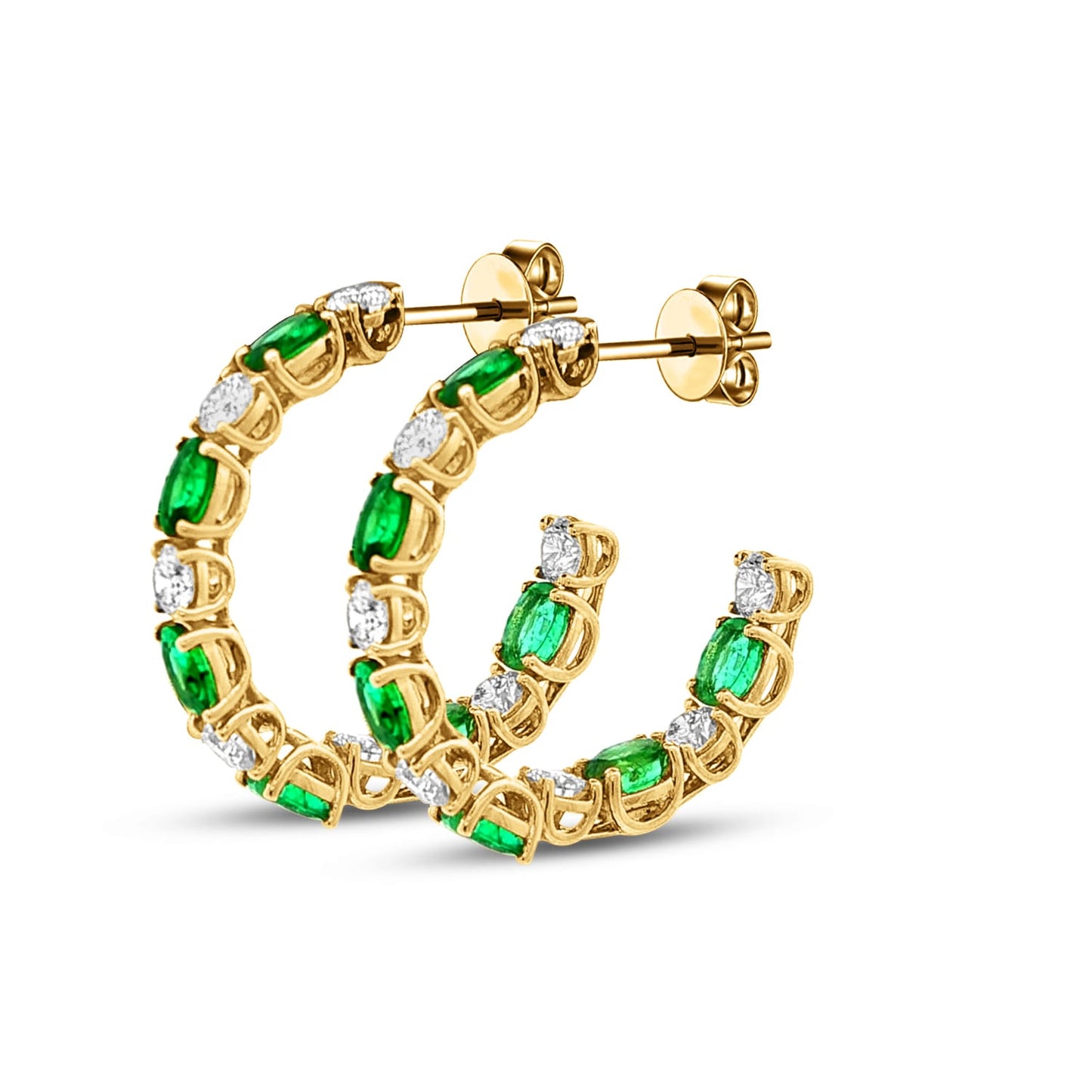14k 3mm hoop earrings with diamonds 1.26ct & emeralds 1.84ct