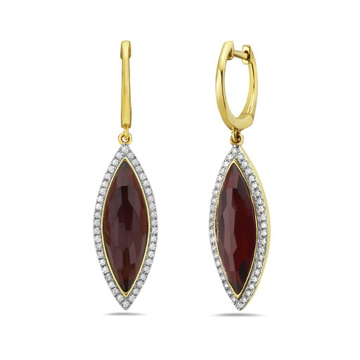 14K 22X9MM MARQUISE SHAPE GARNET EARRINGS WITH 84 DIAMONDS 0.36CT