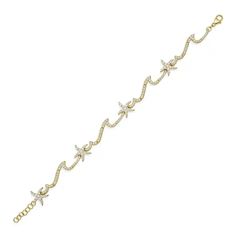 14K Gold Star Fish Link Bracelet, 7 inches with 176 Round Diamonds 1.700ct