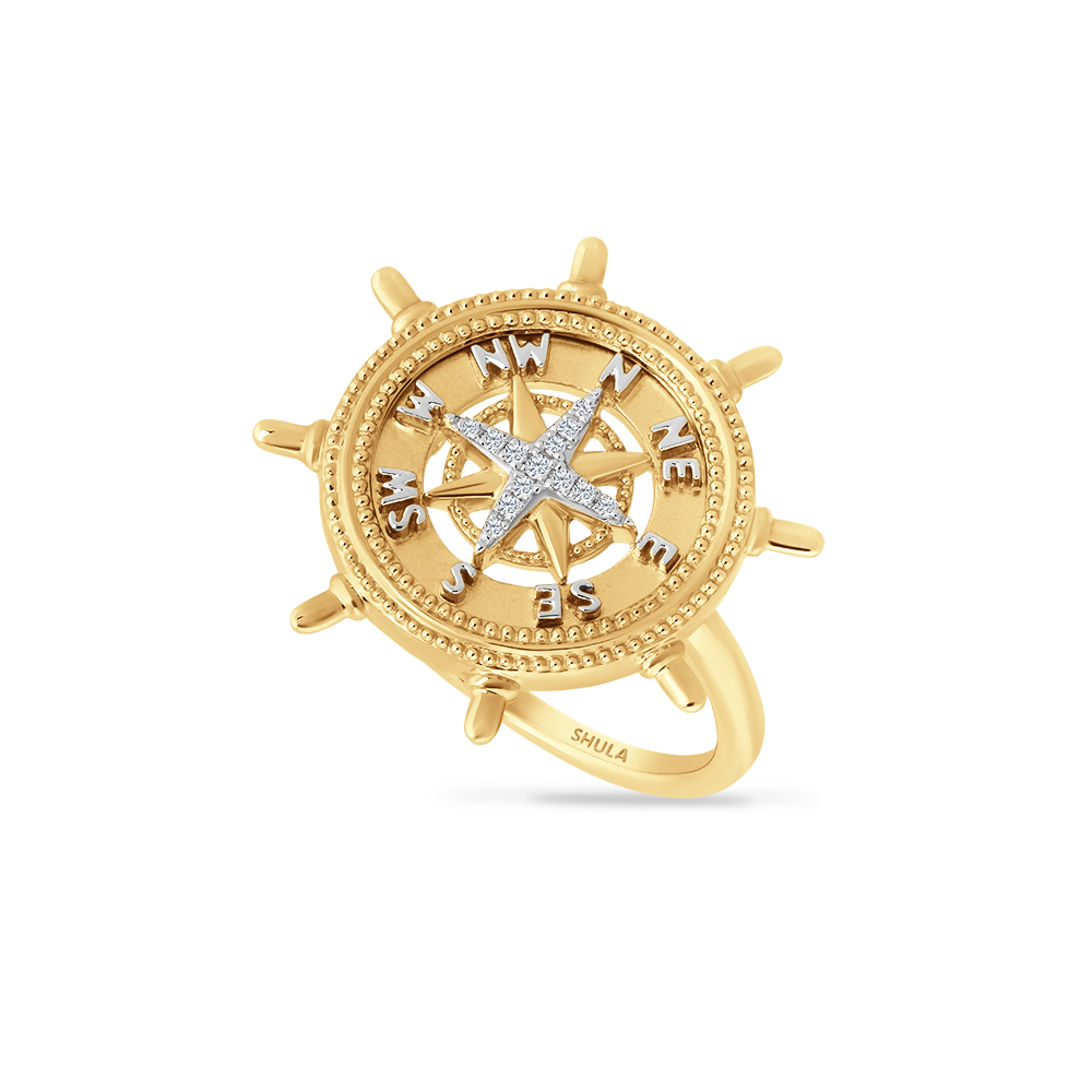 14K COMPASS ROSE RING WITH 13 DIAMONDS, 0.05CT