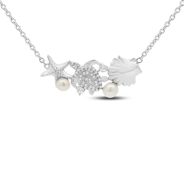 40x13 mm sterling silver starfish, turtle & sea shell necklace with czs & synthetic pearls 18 inches