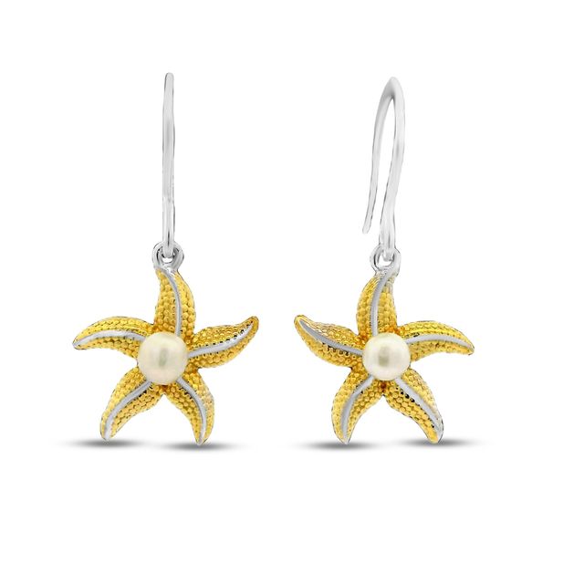 14mm x 20mm Gold plated sterling silver starfish earrings with faux pearl center