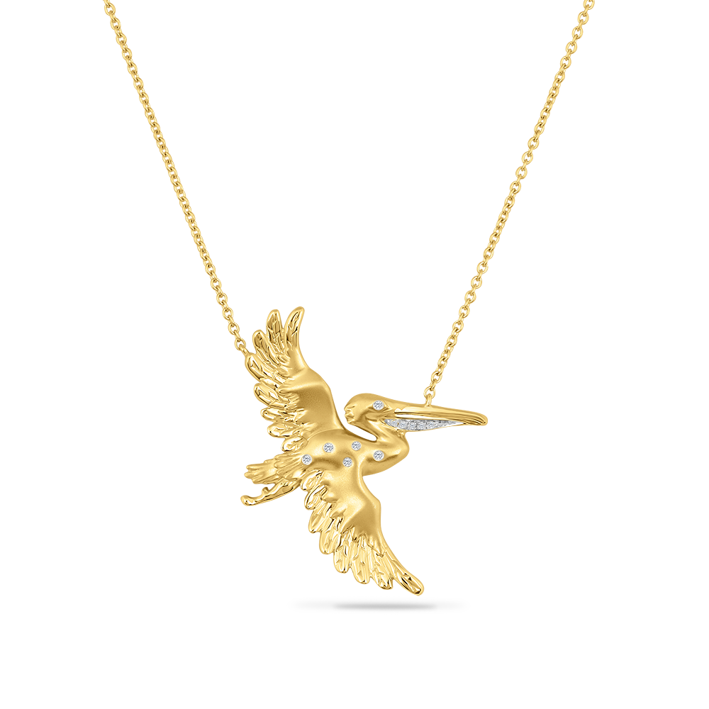 FLYING PELICAN WITH OPEN WINGS NECKLACE. WITH 11 DIAMONDS 0.040CT ON 18 INCHES CABLE CHAIN