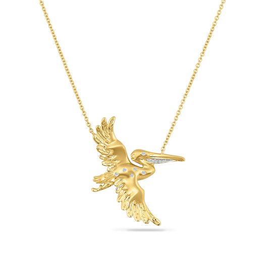 FLYING PELICAN WITH OPEN WINGS NECKLACE. WITH 11 DIAMONDS 0.040CT ON 18 INCHES CABLE CHAIN