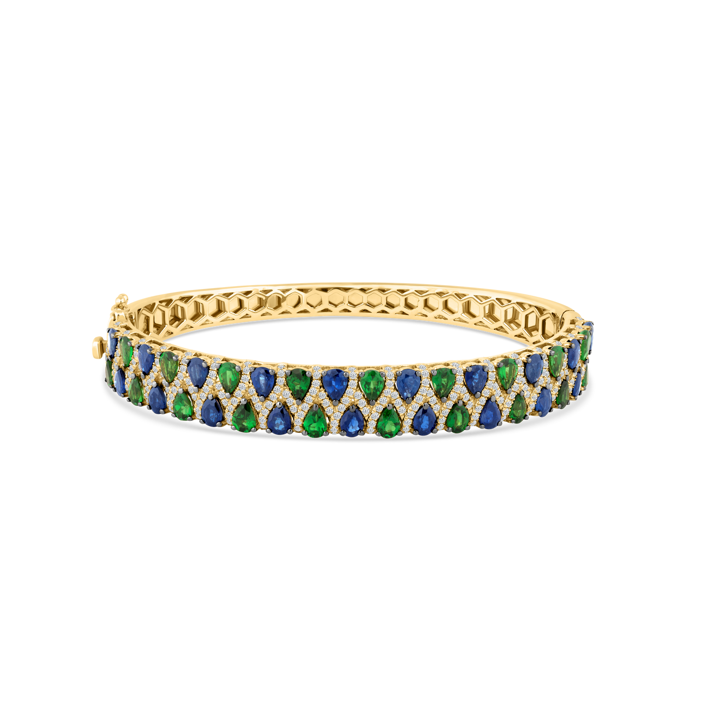 14K BANGLE WITH 19 PEAR SHAPE SAPPHIRES 3.65CT, 19 GREEN GARNET 3.06CT & 257 DIAMONDS 1.02CT