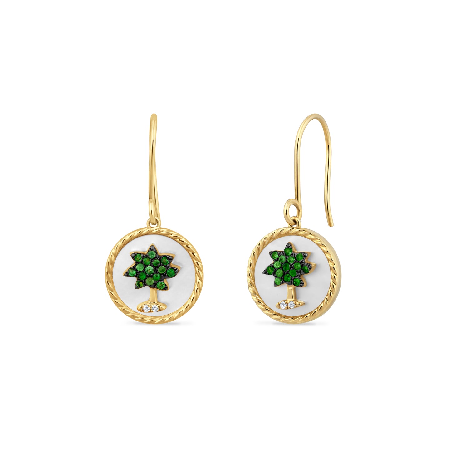 14K PALM TREE EARRINGS WITH 4 DIAMONDS 0.02CT, 30 GREEN GARNET 0.22CT & 2 MOTHER OF PEARL, 13MM DIAMETER