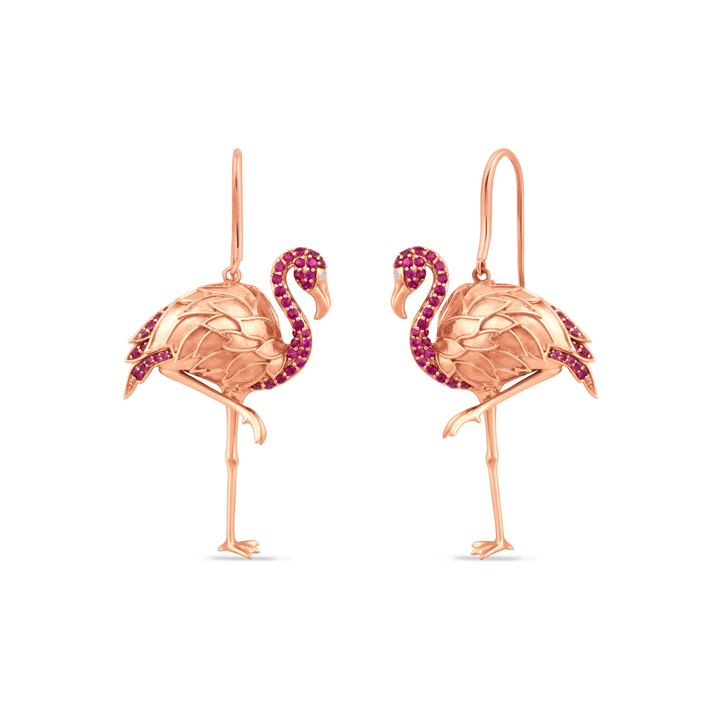 14K FLAMINGO EARRINGS WITH 62 RUBIES 0.85CT & 2 DIAMONDS 0.013CT, 19MMX30MM