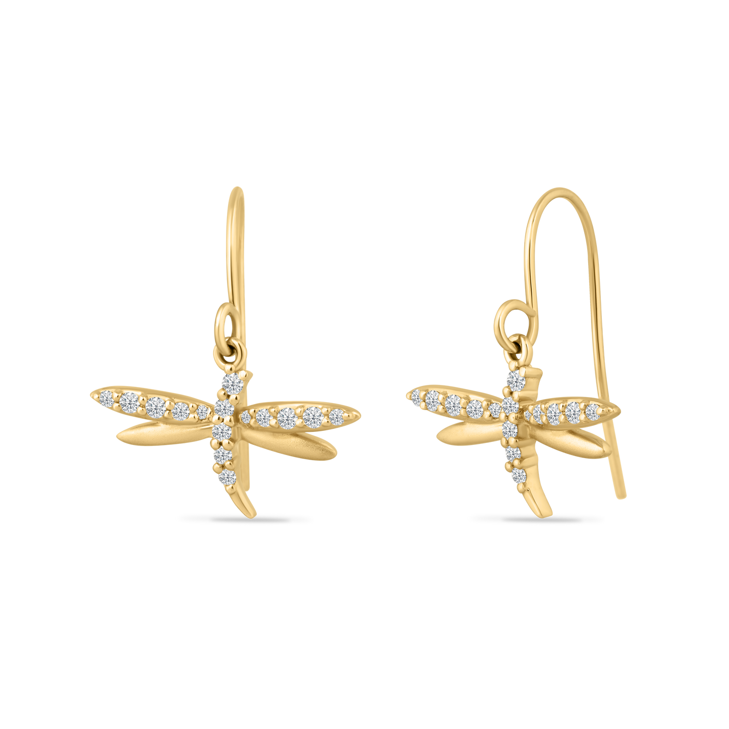 14K DRAGONFLY EARRINGS ON WIRE 74 DIAMONDS 0.36CT