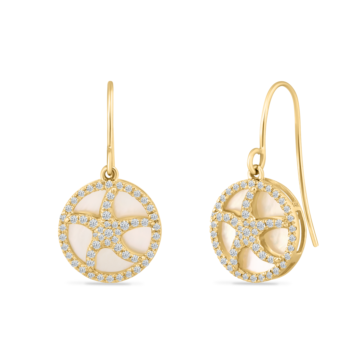 14K MOTHER OF PEARL 2.60CT STARFISH EARRINGS ON WIRE WITH 110 DIAMONDS 0.38CT