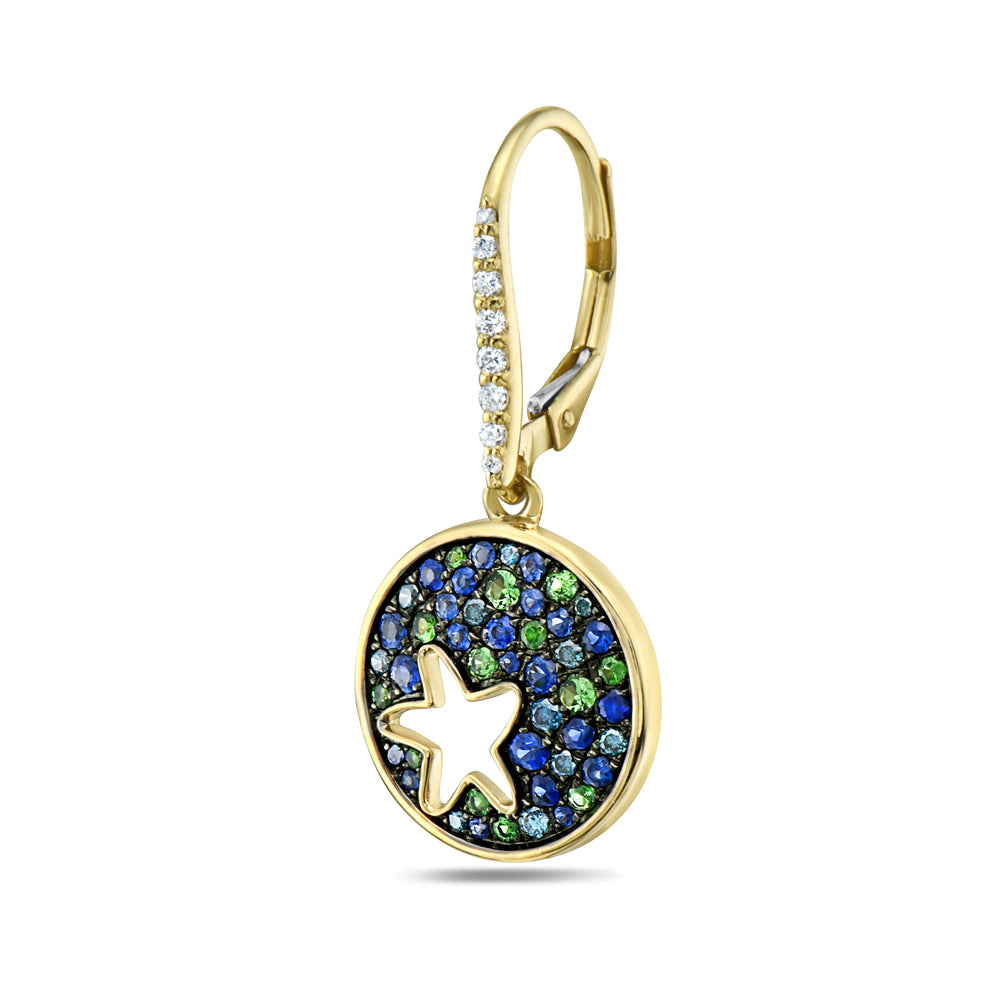 14KY 44 SAPPHIRE 1.05CT, 16 DIAMONDS 0.11CT, 26 GREEN GARNET 0.53CT, 24 BLUE DIAMONDS 0.30CT EARRINGS