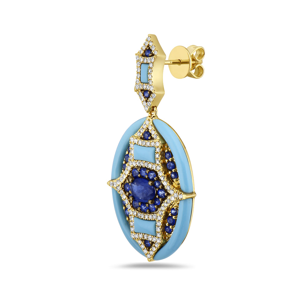 14K ART DECO DESIGNED DANGLE EARRINGS WITH 58 SAPPHIRES 2CT, RECON TURQUOISE AND 224 DIAMONDS 0.74CT