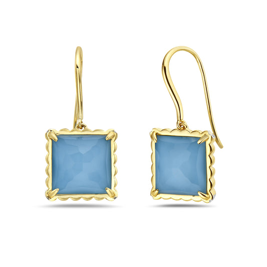 14K DOUBLET WIRE EARRINGS WITH SQUARE RECON TURQUOISE AND CLEAR QUARTZ WITH 16 DIAMONDS 0.06CT