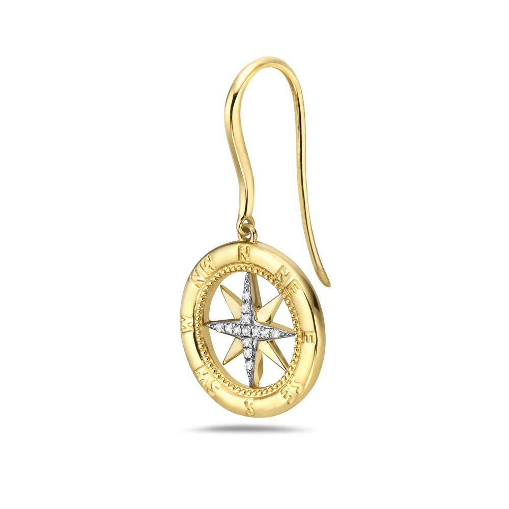 14K COMPASS ROSE WIRE DROP EARRINGS WITH 26 DIAMONDS 0.09CT
