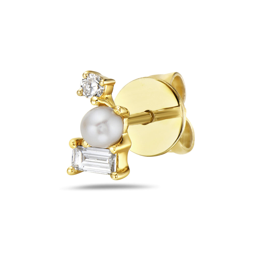 14K PEARL EARRINGS WITH 2 BAGUETTE DIAMONDS 0.150CT AND 2 ROUND DIAMONDS 0.050CT EARRINGS