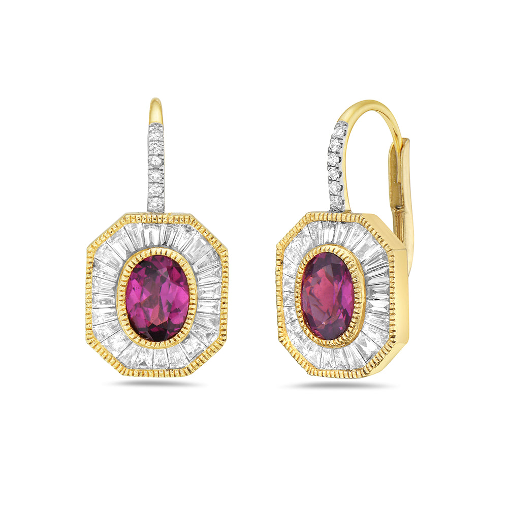 18K HEXAGON SHAPED LEVER BACK EARRINGS. SET WITH 2 OVAL RHODOLITE GARNET 1.65CT, 12 ROUND DIAMONDS 0.065CT AND 50 BAGUETTES DIAMONDS 1.10CT