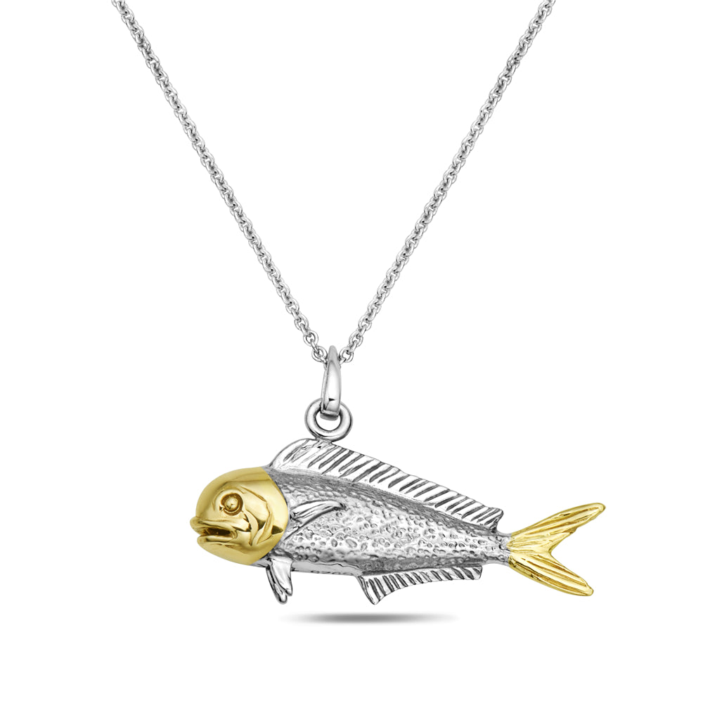STERLING SILVER AND 14k MAHI MAHI FISH PENDANT ON 18 INCHES CHAIN