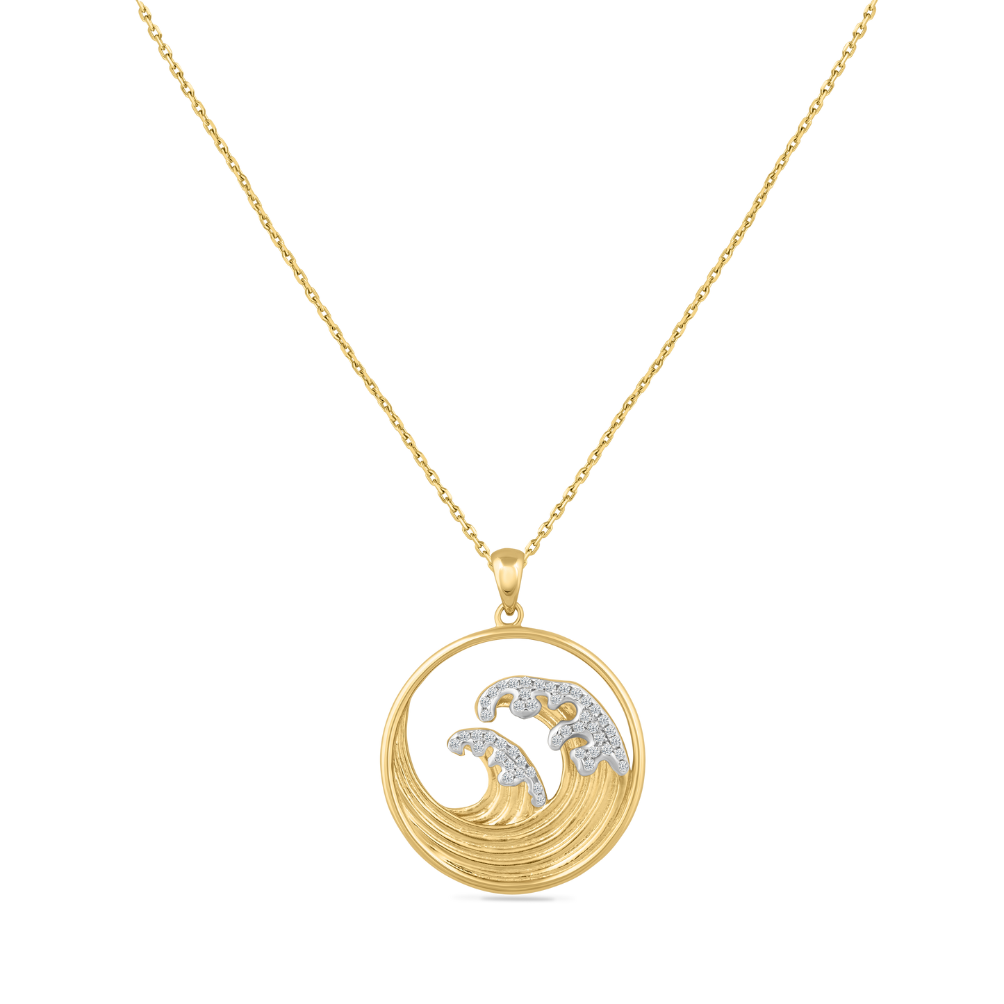 14K ROUND WAVE PENDANT WITH DIAMONDS 0.25CT, 24MM ON 18 INCHES CABLE CHAIN