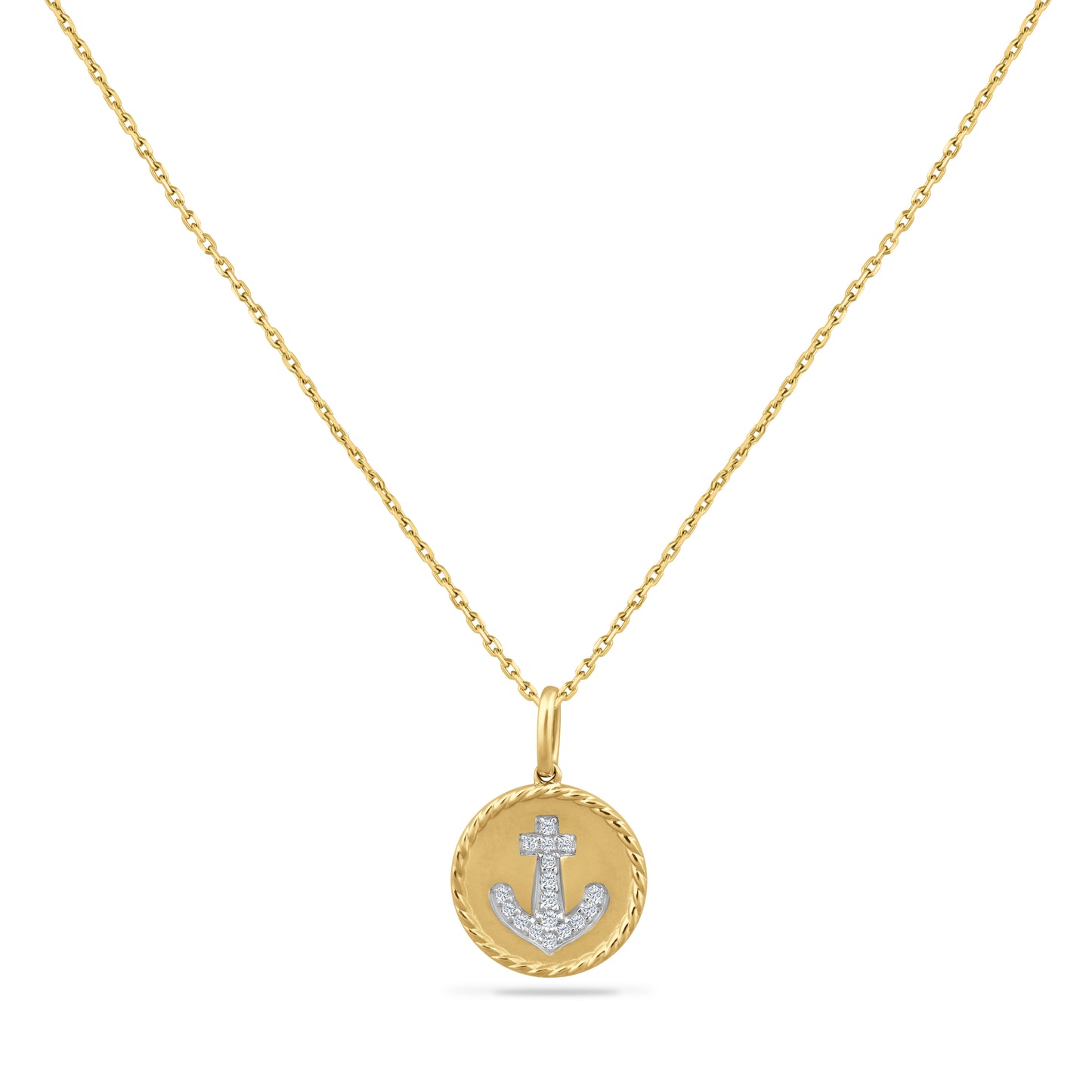 14K ANCHOR PENDANT WITH 17 DIAMONDS 0.09CT ON 18 INCHES CHAIN, 13MM DIAMETER