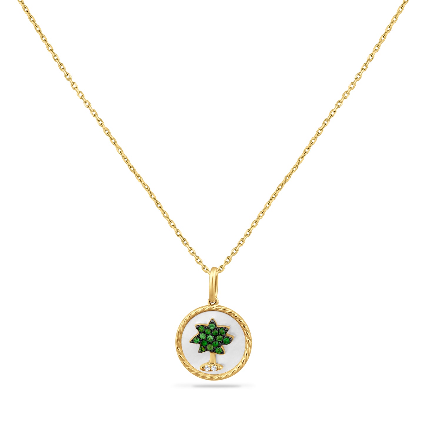 14K PALM TREE PENDANT WITH DIAMONDS, GREEN GARNET & MOTHER OF PEARL ON 18 INCHES CHAIN