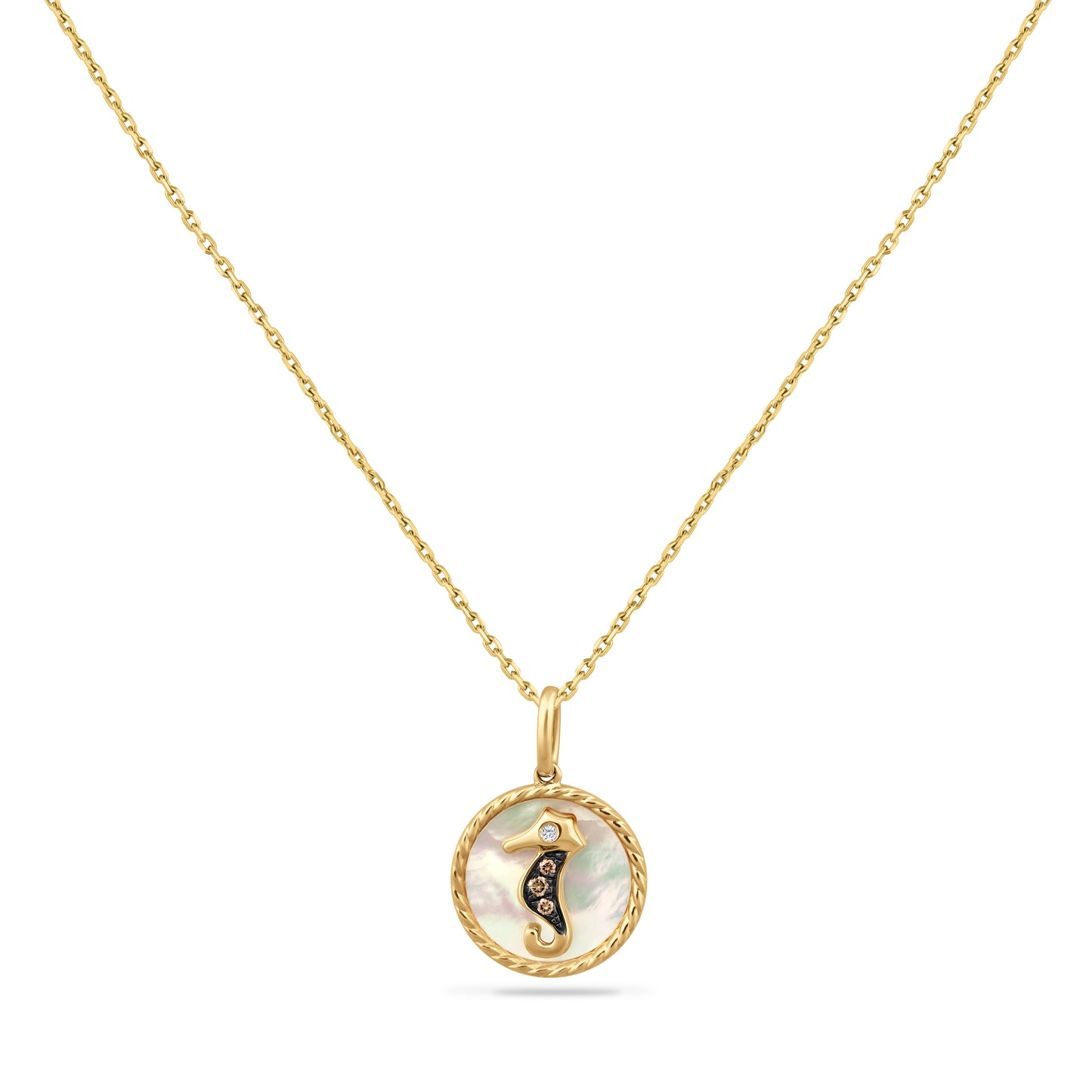 14K SEAHORSE PENDANT MOTHER OF PEARL, 1 DIAMOND 0.01CT & 3 BROWN DIAMONDS 0.03CT ON 18 INCHES CHAIN, 13MM DIAMETER