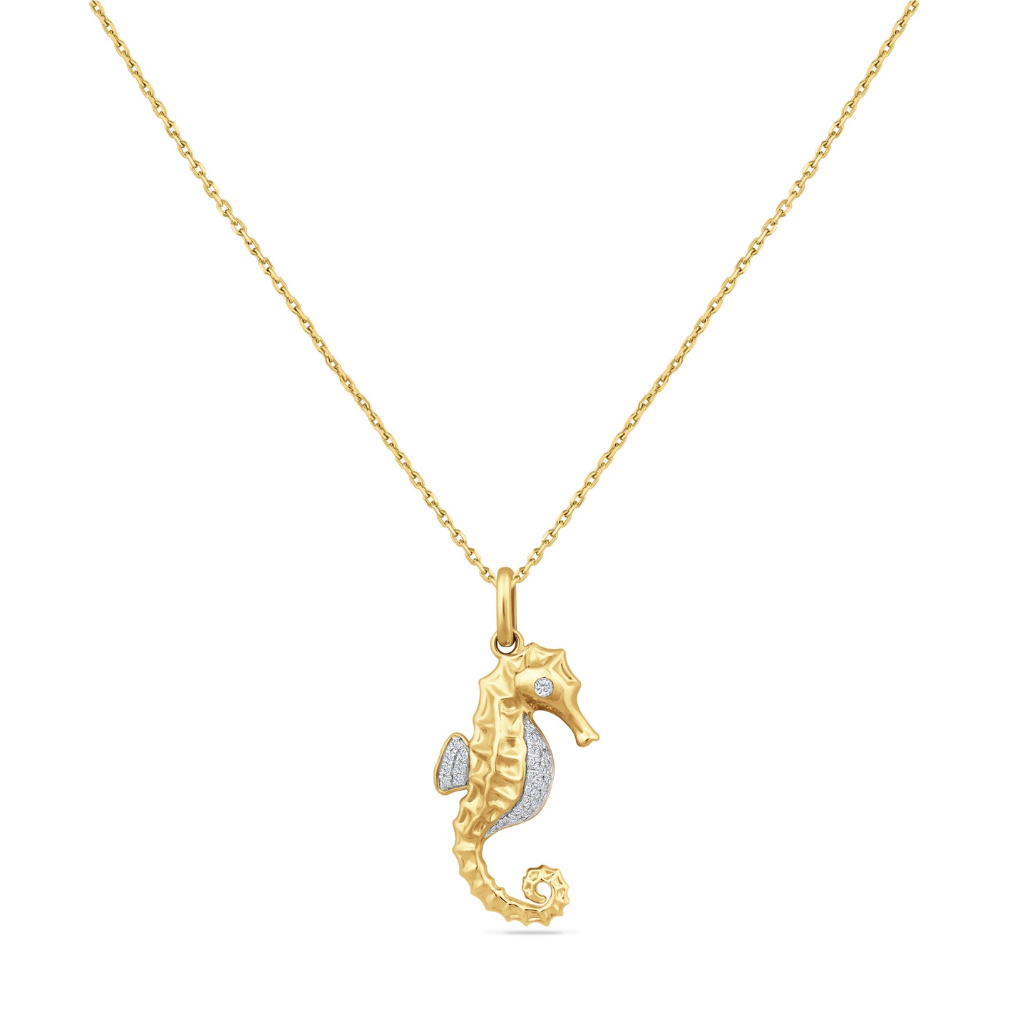 14K SEAHORSE PENDANT WITH 28 DIAMONDS 0.12CT. 9MM WIDTH & 21MM HEIGHT ON 18 INCHES CABLE CHAIN
