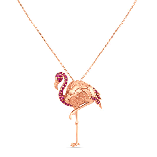 14K FLAMINGO PENDANT WITH 37 RUBIES 0.58CT & 1 DIAMOND 0.007CT, 37MMX22MM ON 18 INCHES CABLE CHAIN