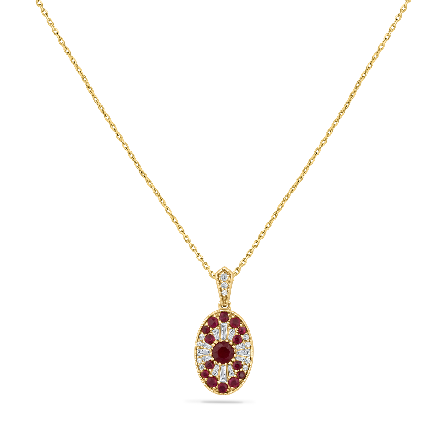 14K PENDANT WITH 23 DIAMONDS 0.22CT & 15 RUBIES 0.78CT ON 18 INCHES CABLE CHAIN