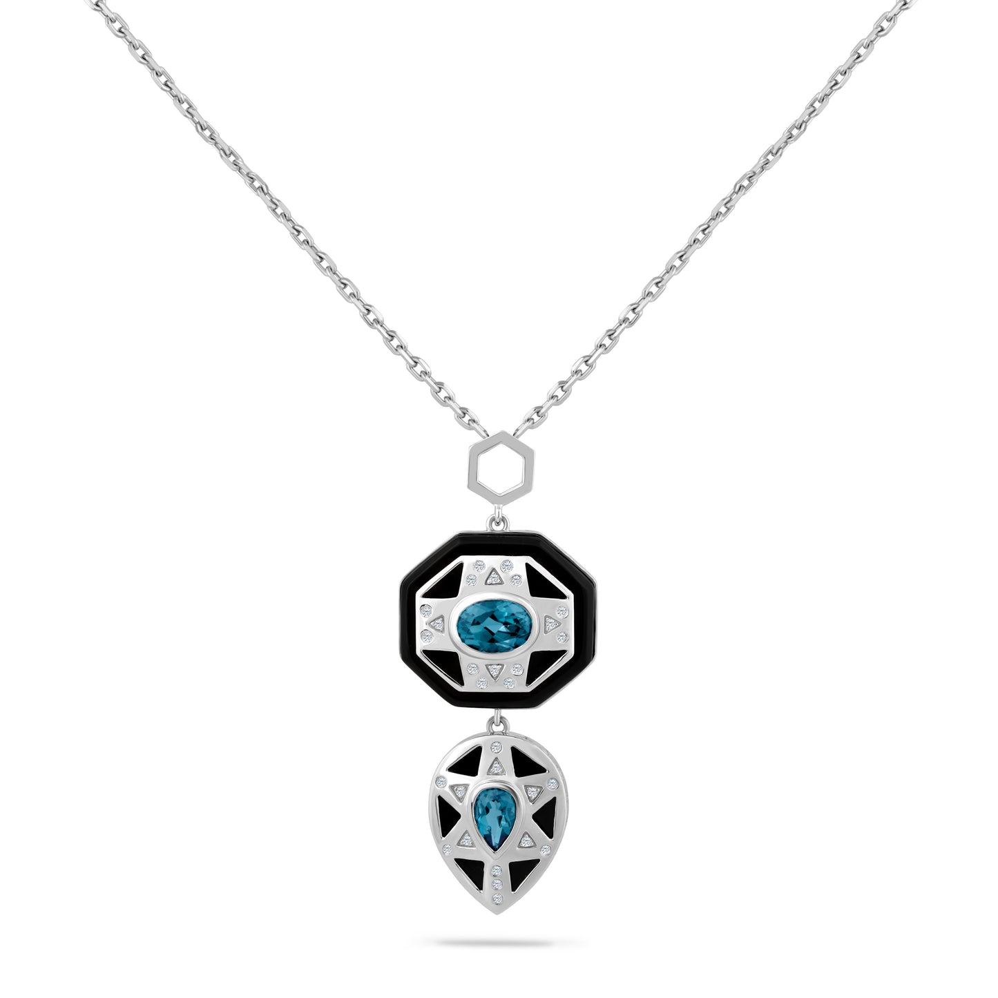 14K NECKLACE WITH BLACK ONYX, TOPAZ AND DIAMONDS ON 18 INCHES CABLE CHAIN