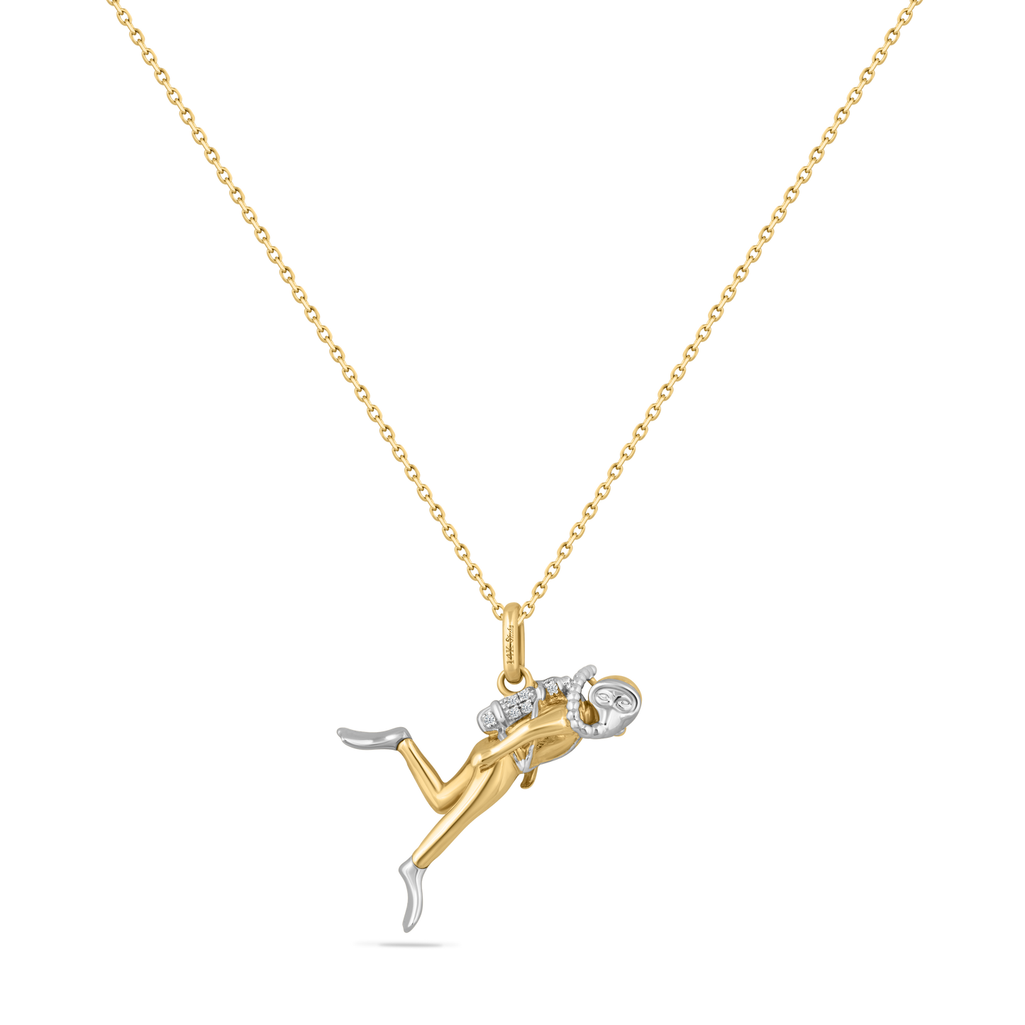 14K TWO TONE SMALL SCUBA DIVER WITH 6 DIAMONDS 0.020CT ON 18 INCHES CABLE CHAIN