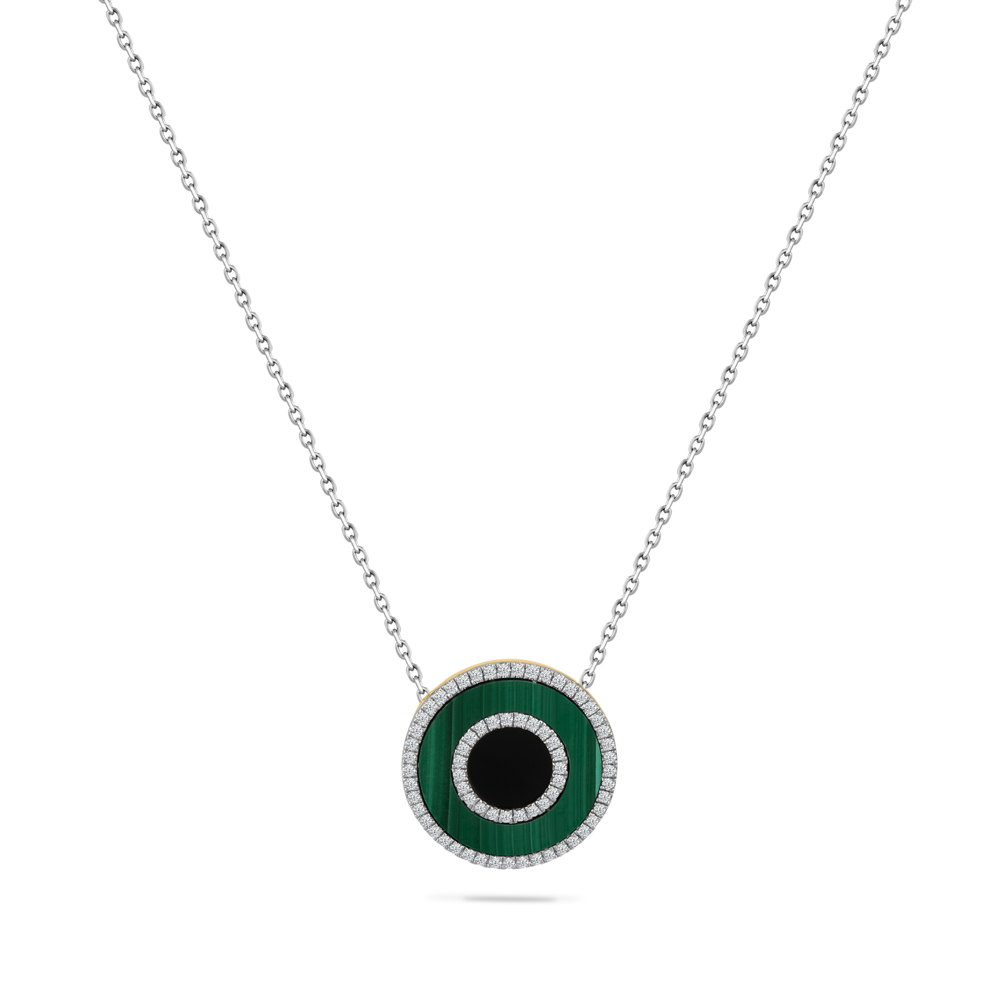 14K DISK PENDANT WITH MALACHITE, BLACK ONYX & 68 DIAMONDS 0.23CT ON 18 INCHES CABLE CHAIN