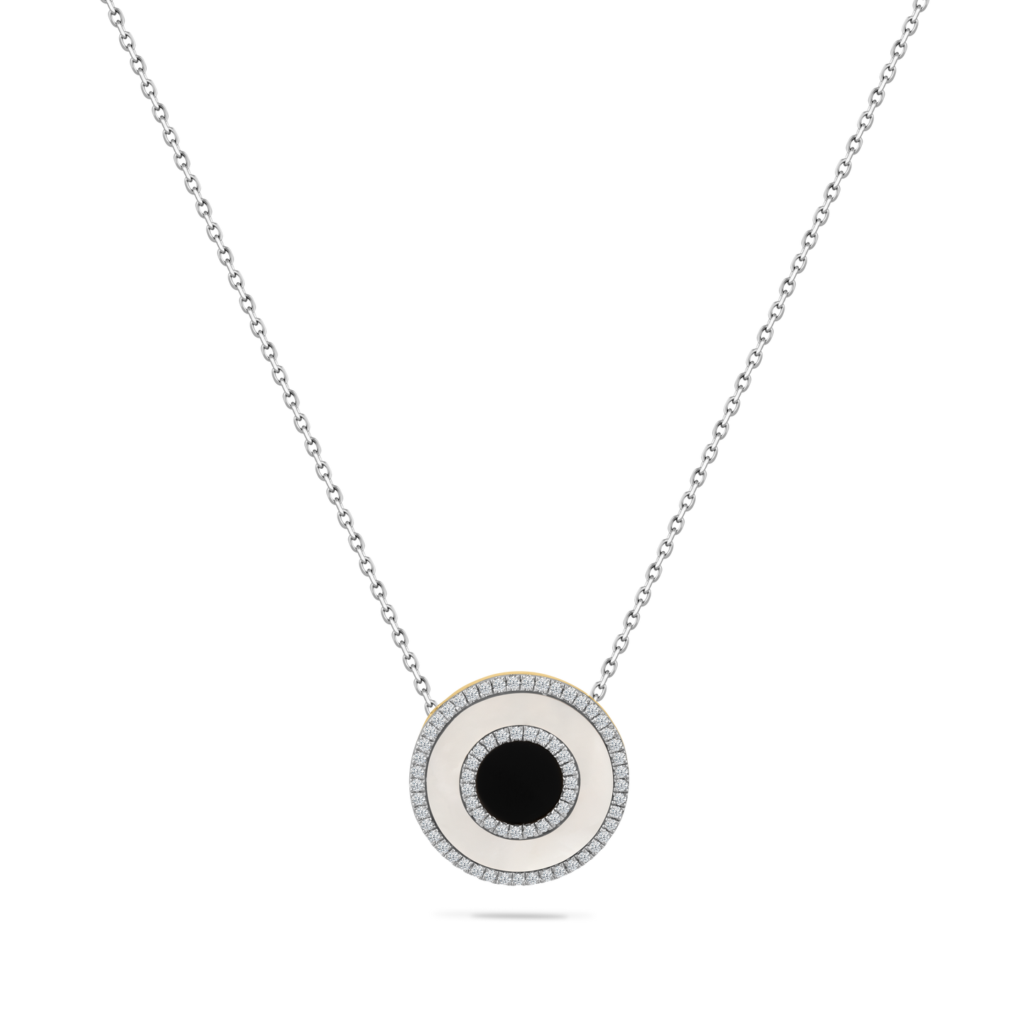 14K DISK PENDANT WITH MOTHER OF PEARL, BLACK ONYX & 68 DIAMONDS 0.23CT ON 18 INCHES CABLE CHAIN