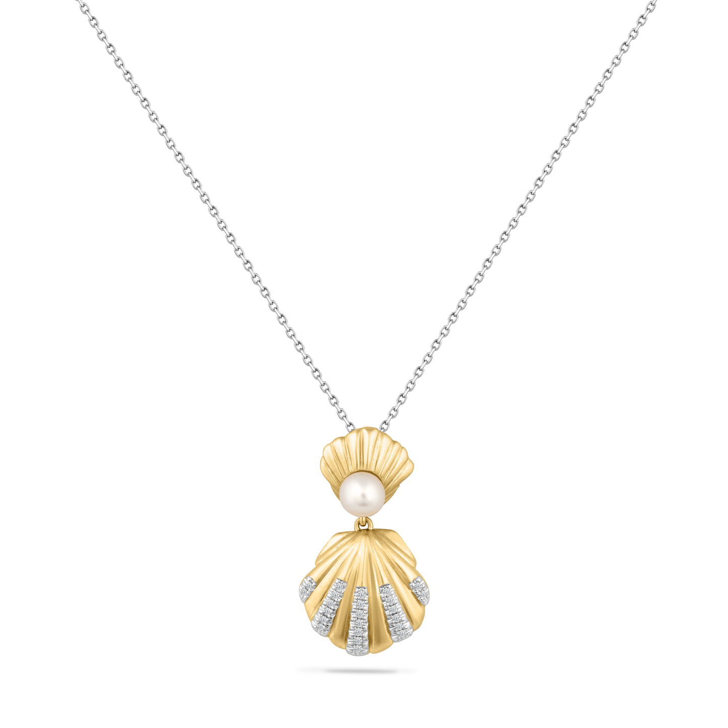 14K SHELL & PEARL PENDANT WITH 23 DIAMONDS 0.08CT & PEARL ON 18 INCHES CHAIN