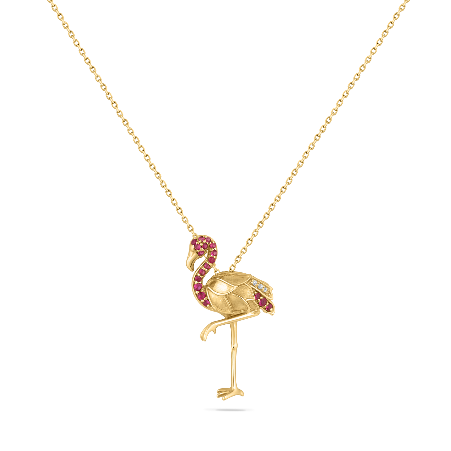 14K FLAMINGO PENDANT WITH 3 DIAMONDS 0.02CT & 18 RUBIES 0.20CT ON 18 INCHES CABLE CHAIN