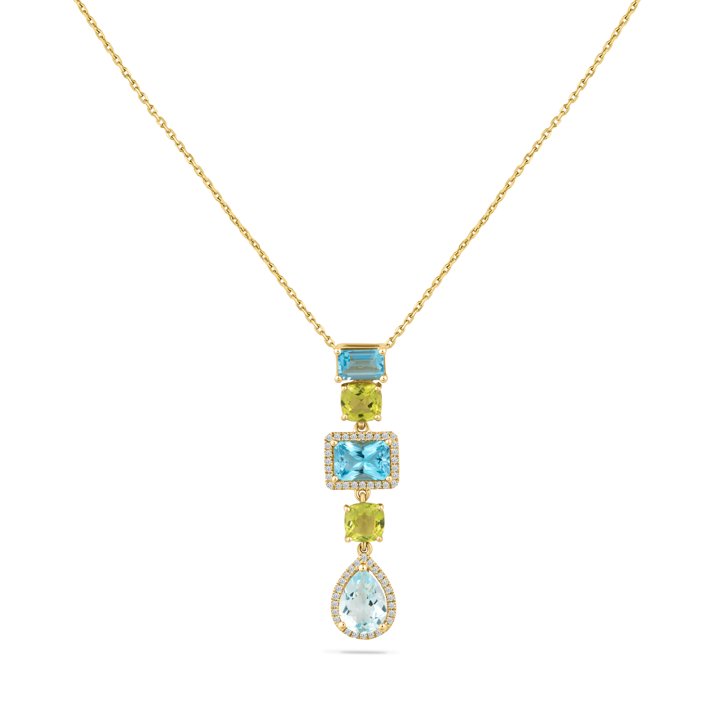 14K PENDANT WITH 52 DIAMONDS 0.15CT, 2 PERIDOT 1.22CT AND 3 BLUE TOPAZ 2.90CT SUSPENDED ON 18 INCHES CABLE CHAIN