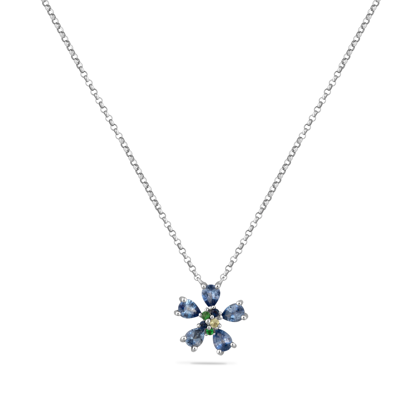 14K BLUE SAPPHIRE FLOWER PENDANT WITH ACCENT OF DIAMONDS AND GREEN GARNETS ON 18 INCHES CABLE CHAIN
