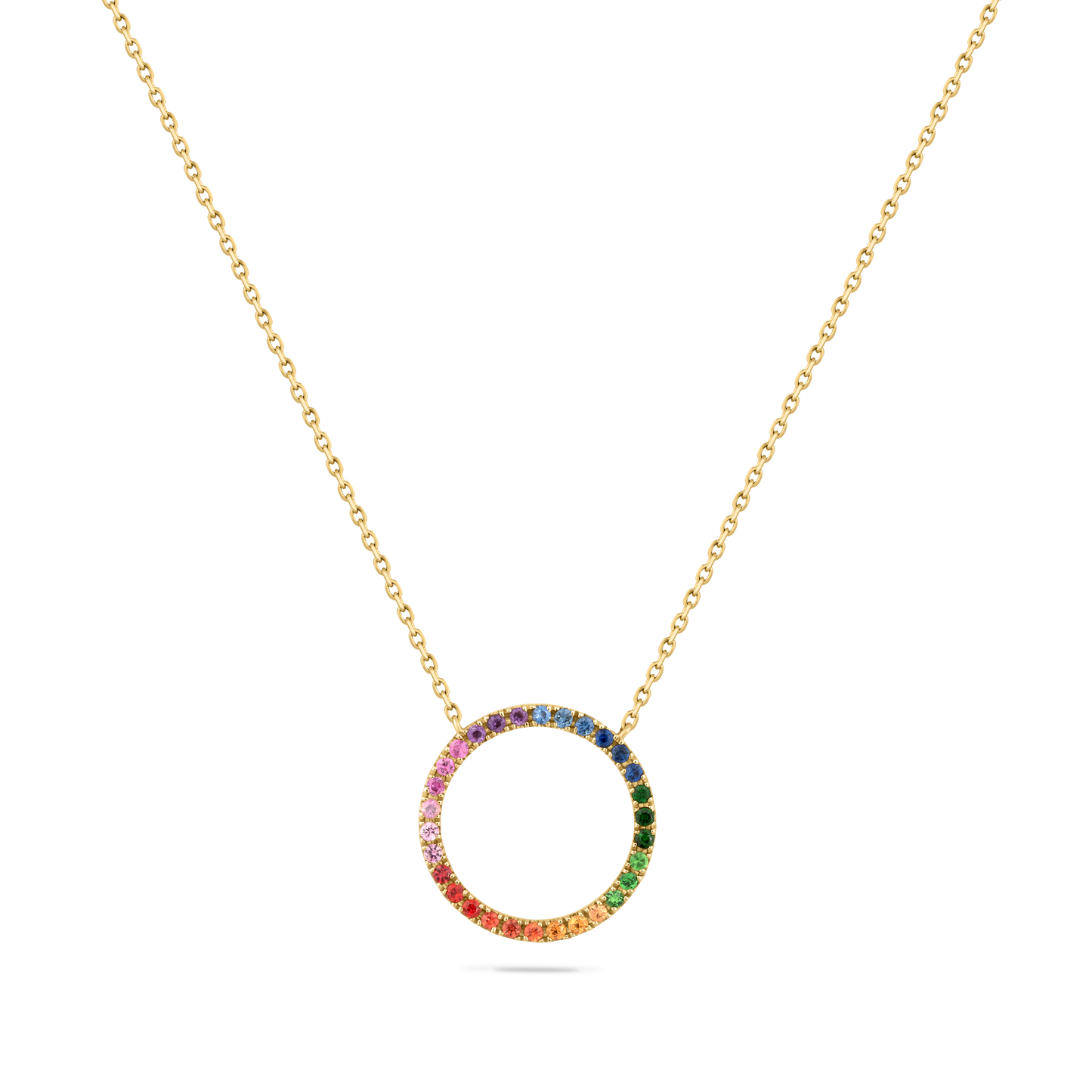 14K CIRCLE OF LIFE PENDANT WITH MULTIPLE COLORS IN SAPPHIRES, GREEN GARNETS AND AMETHYST ON 18 INCHES CHAIN