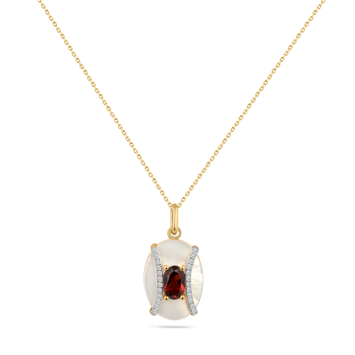 14K MOTHER OF PEARL PENDANT WITH 24 DIAMONDS 0.090CT AND 1 CENTER GARNET 0.66CT ON 18 INCHES CABLE CHAIN