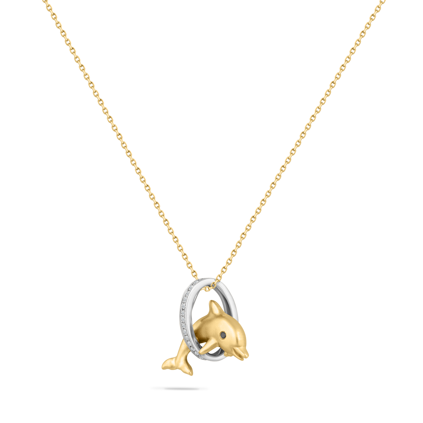 14K JUMPING DOLPHIN PENDANT WITH 14 DIAMONDS 0.05CT & 1 BLACK DIAMOND 0.005CT ON 18 INCHES CABLE CHAIN