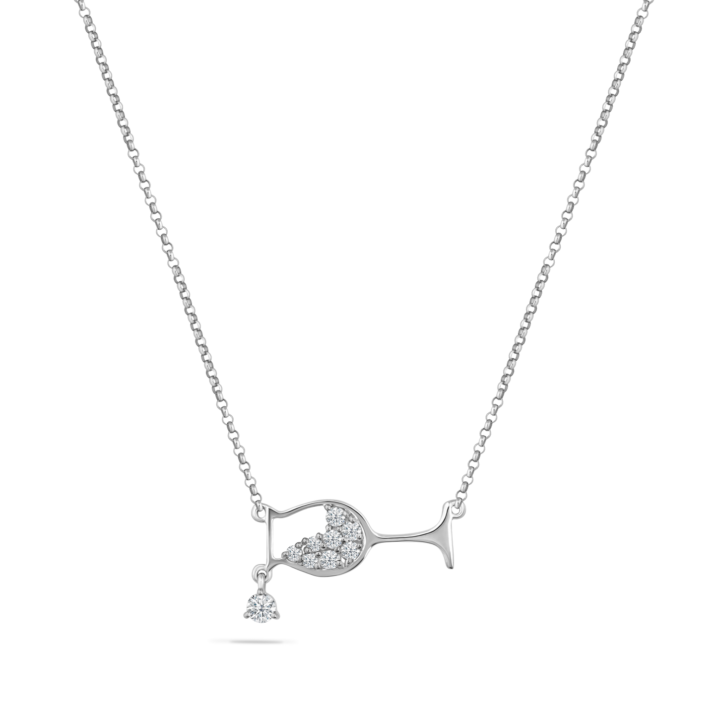 14K CHAMPAGNE GLASS NECKLACE WITH 8 DIAMONDS 0.20CT & 1 WHITE SAPPHIRE 0.12CT 18 INCHES CHAIN