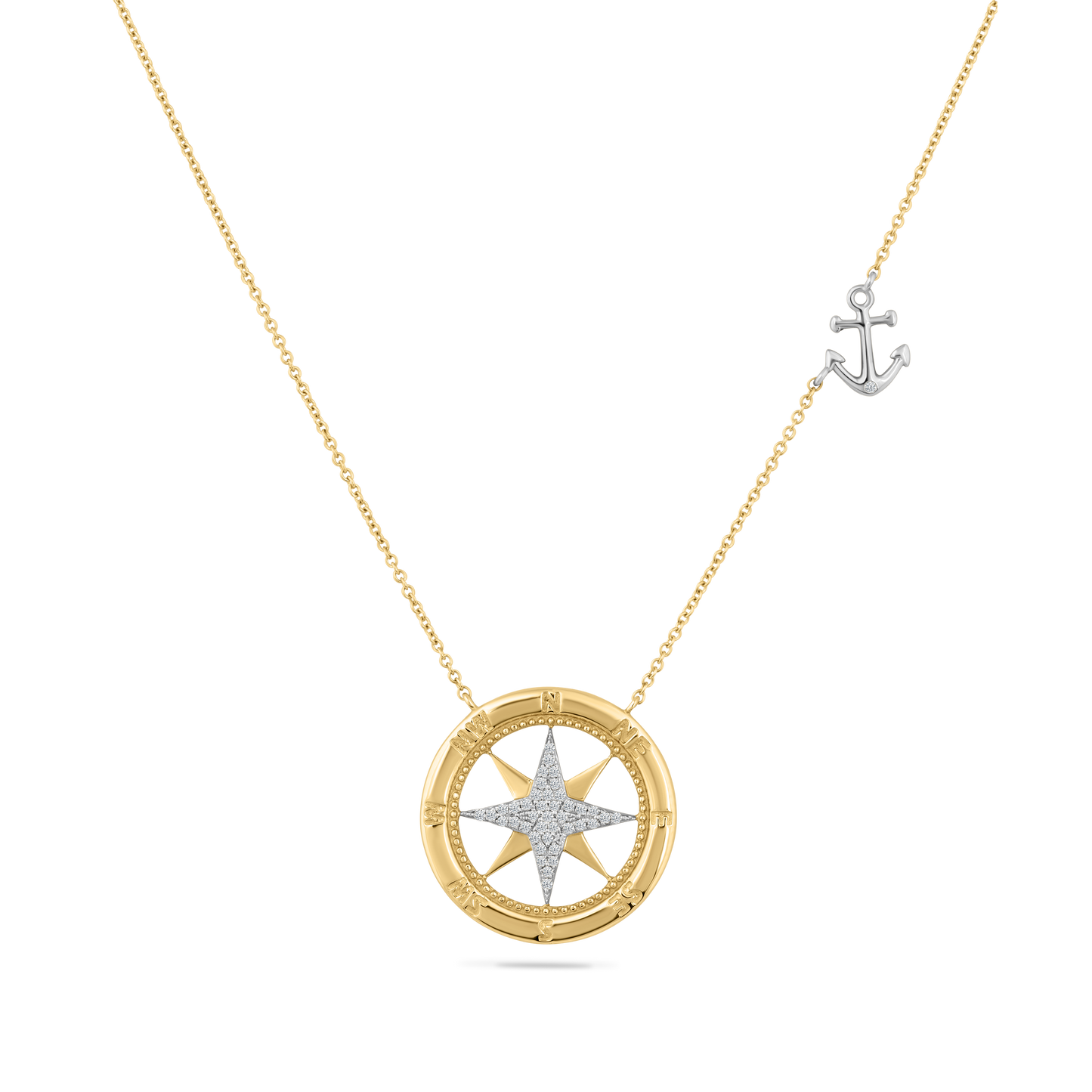 14K COMPASS NECKLACE WITH 42 DIAMONDS 0.13CT ON 18 INCHES CABLE CHAIN