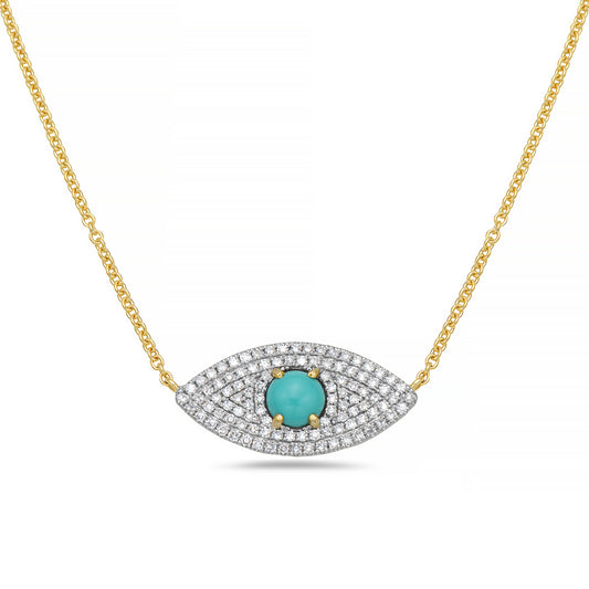 14K EVIL EYE NECKLACE WITH 104 DIAMONDS 0.35CT AND CENTER RECON TURQUOISE ON 18 INCHES CHAIN