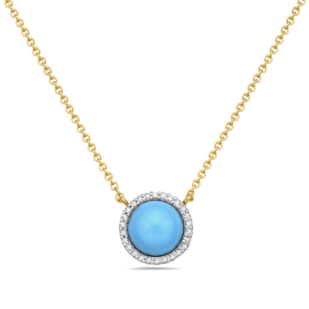 14K ROUND FASCINATING 7MM RECON TURQUOISE PENDANT WITH 26 DIAMONDS 0.09CT ON 18 INCHES CABLE CHAIN