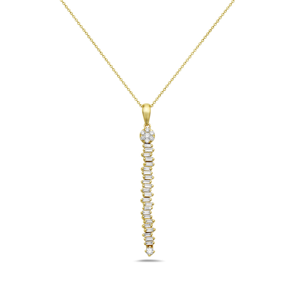 14KY LONG BAR PENDANT ON AN 18 INCH CABLE CHAIN. 12 TAPPERED BAGUETTE 0.11CT, 11 TAPPERED BAGUETTE 14CT, 8 ROUND 0.12CT. TOTAL 0.37CT
