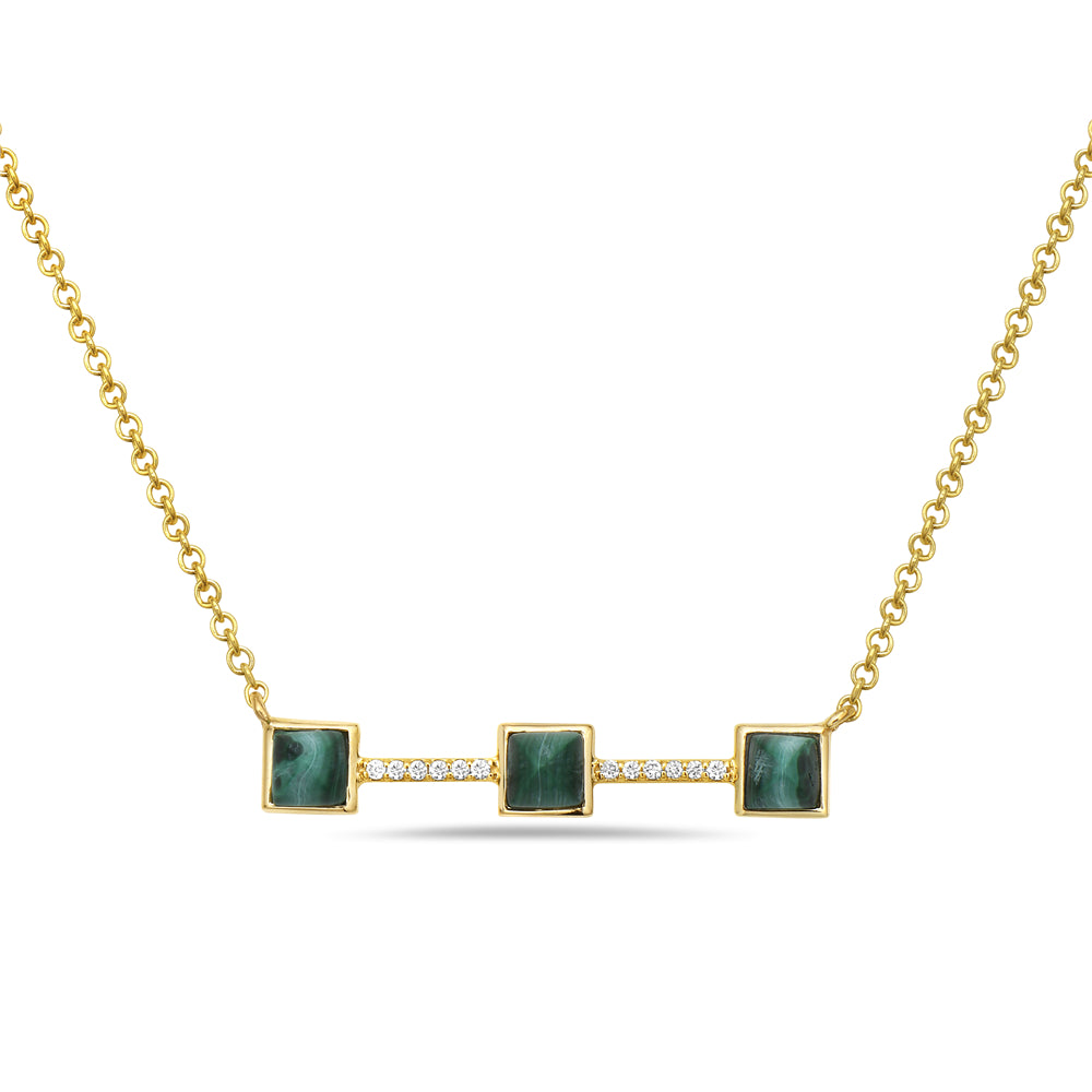 14K TRIPLE SQUARE MALACHITE PENDANT WITH 12 DIAMONDS 0.50CT SUSPENDED ON 18 INCHES CABLE CHAIN
