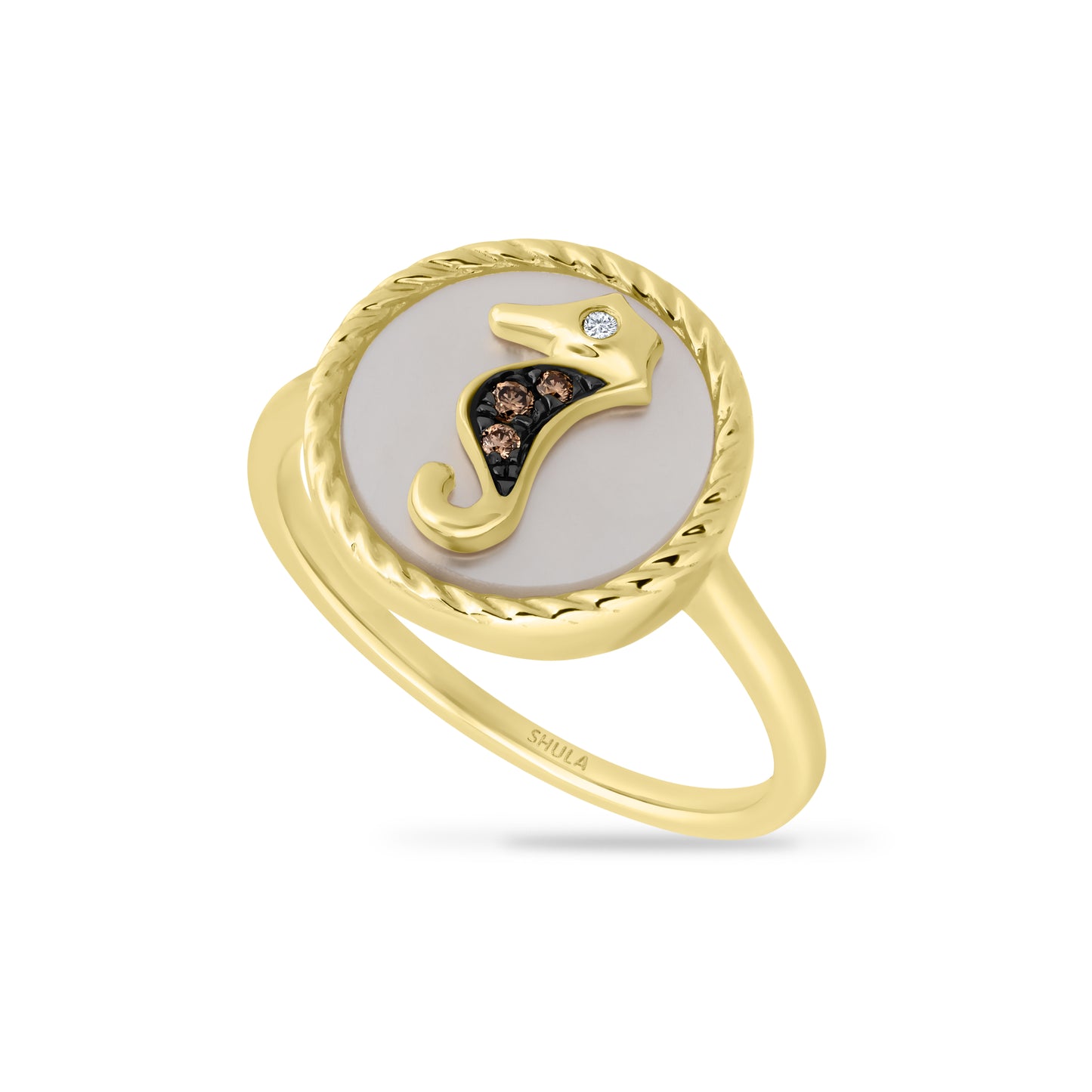 14K SEAHORSE IN MOTHER OF PEARL RING WITH 1 DIAMOND 0.01CT & 3 BROWN DIAMONDS 0.03CT, 13MM DIAMETER